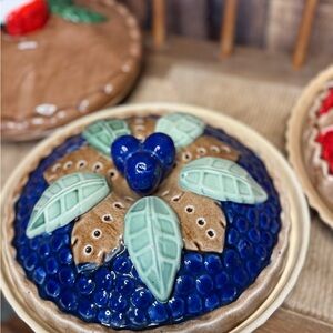 Handmade Ceramic Blueberry Pie Dish with Mint Leaf Accents